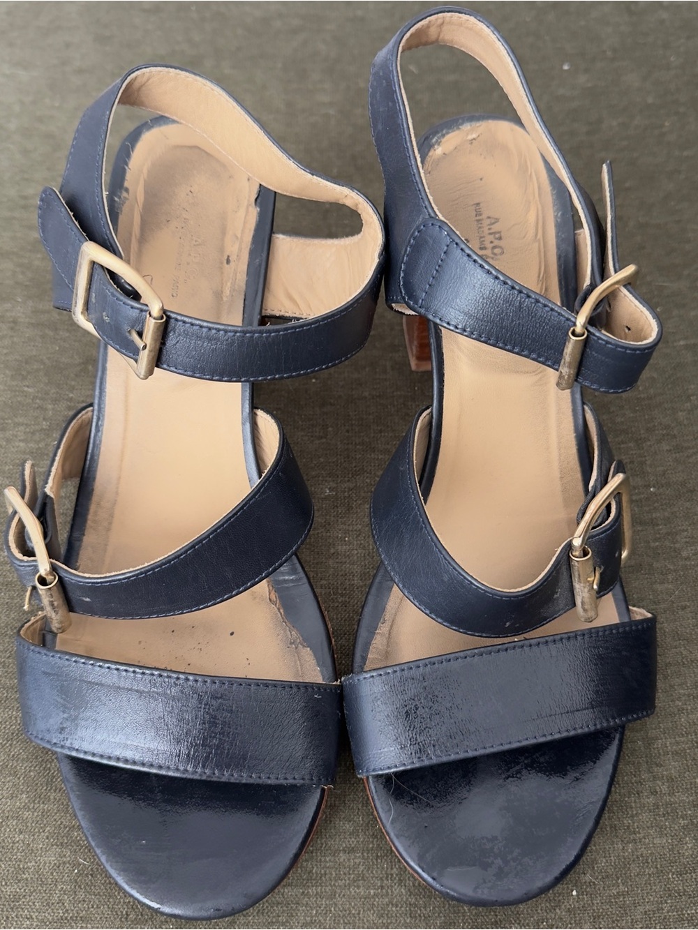 APC Navy Leather Multi Strap Block Heel Sandal